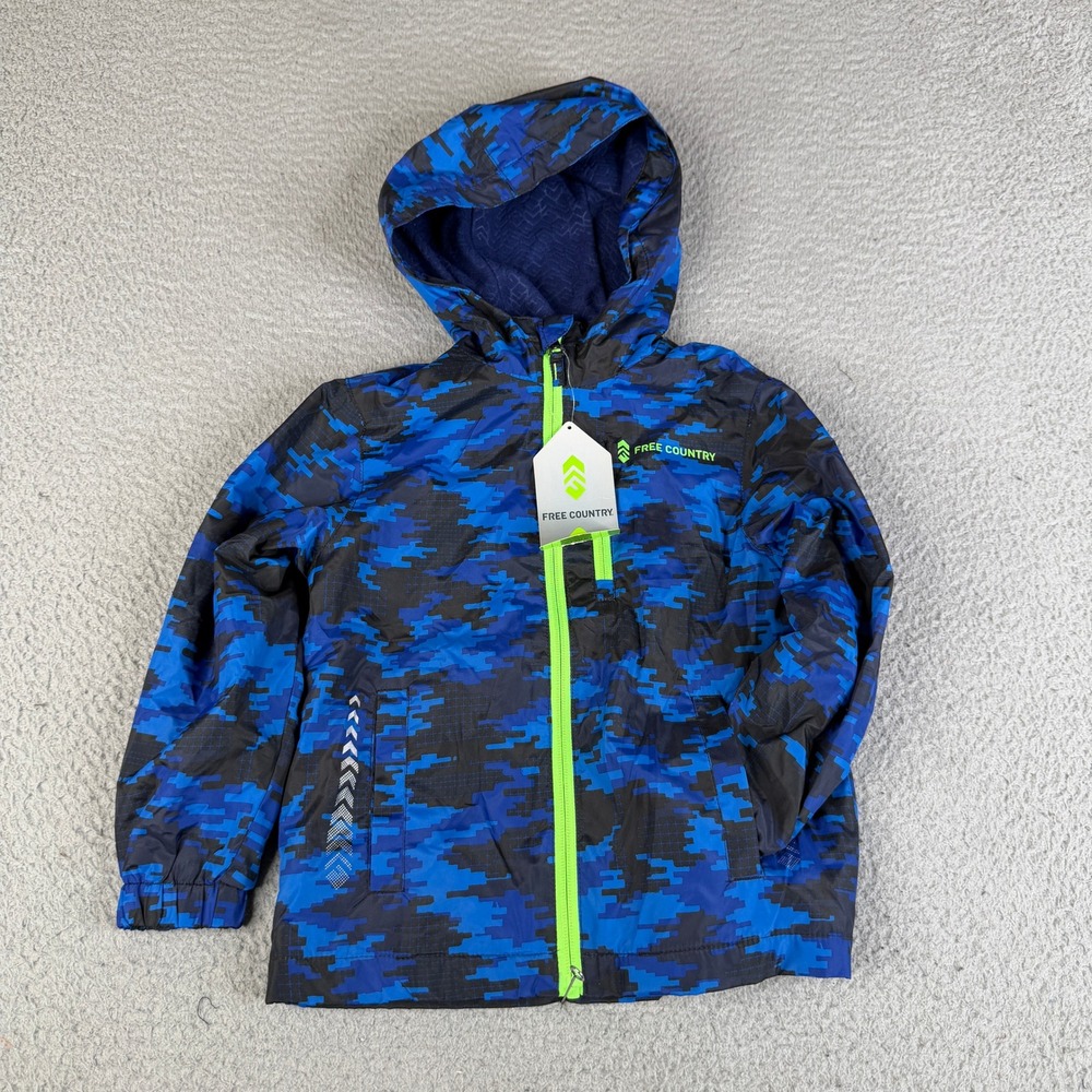 Free Country Jacket Boy XS 5/6 Blue Digital Camo Windshear Hood Fleece Lined Zip